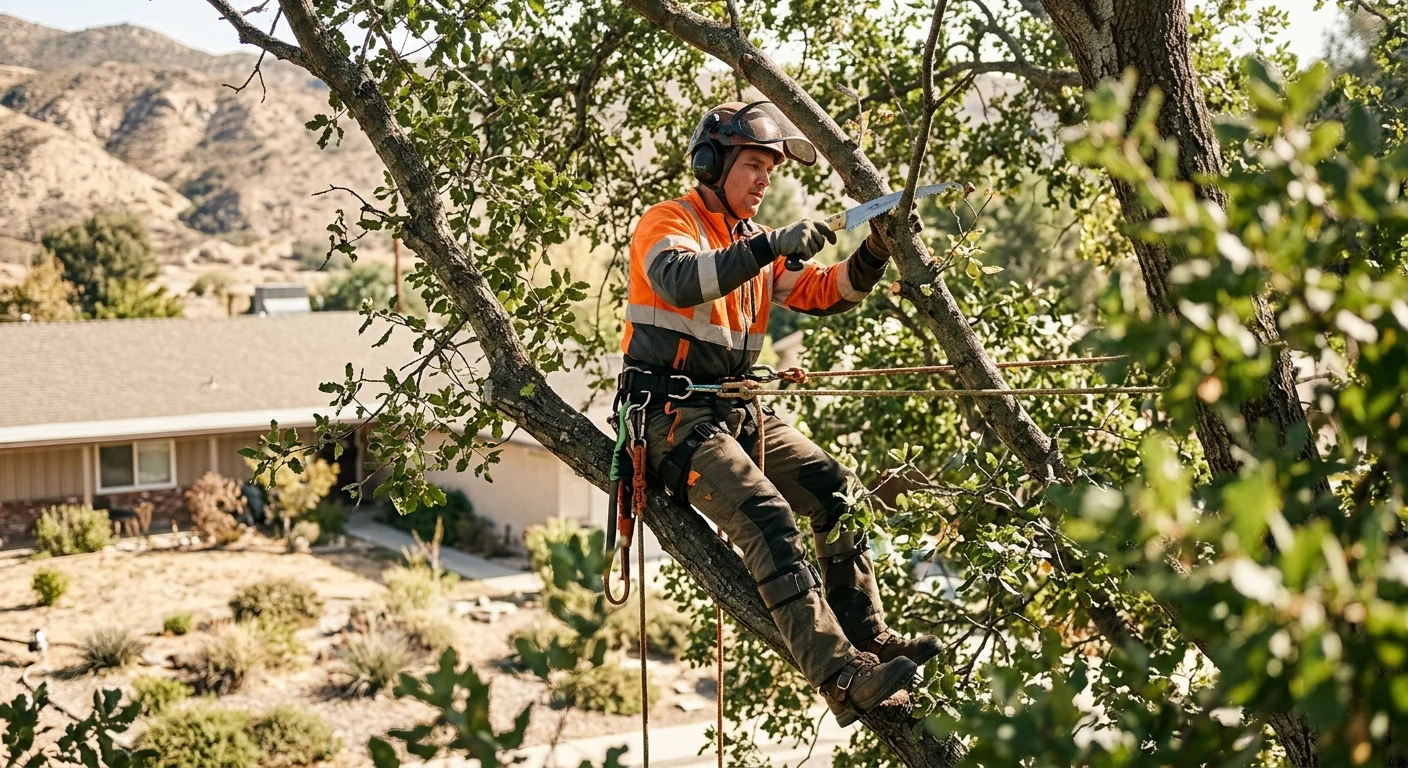 Arborist in a harness pruning upper branches from within a tall tree