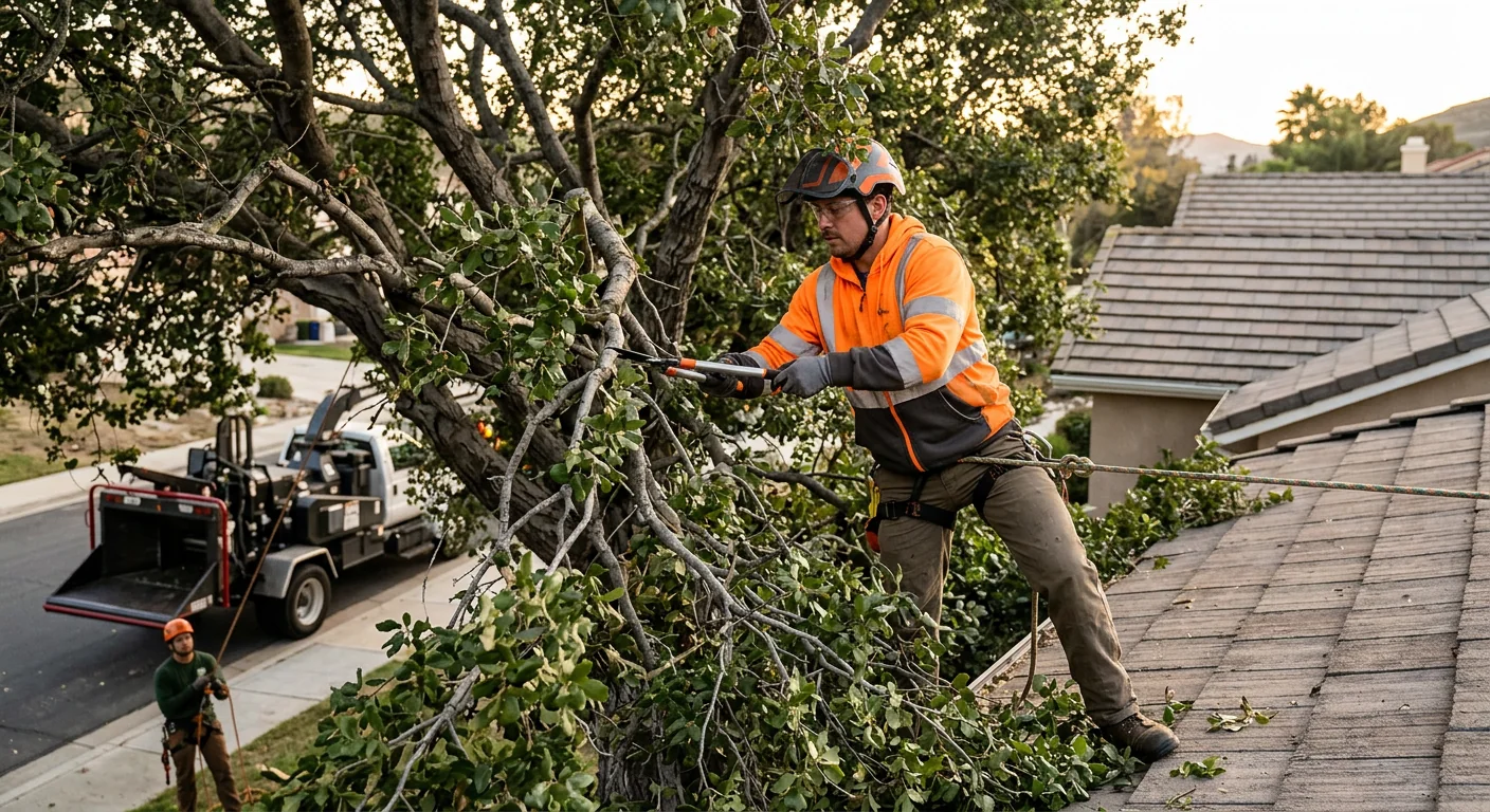 Overgrown tree before pruning showing crowded crossing limbs near a rooftop