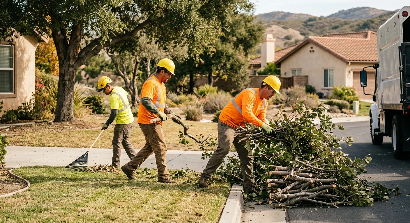 Ground crew stacking trimmed branches during a tidy pruning service visit