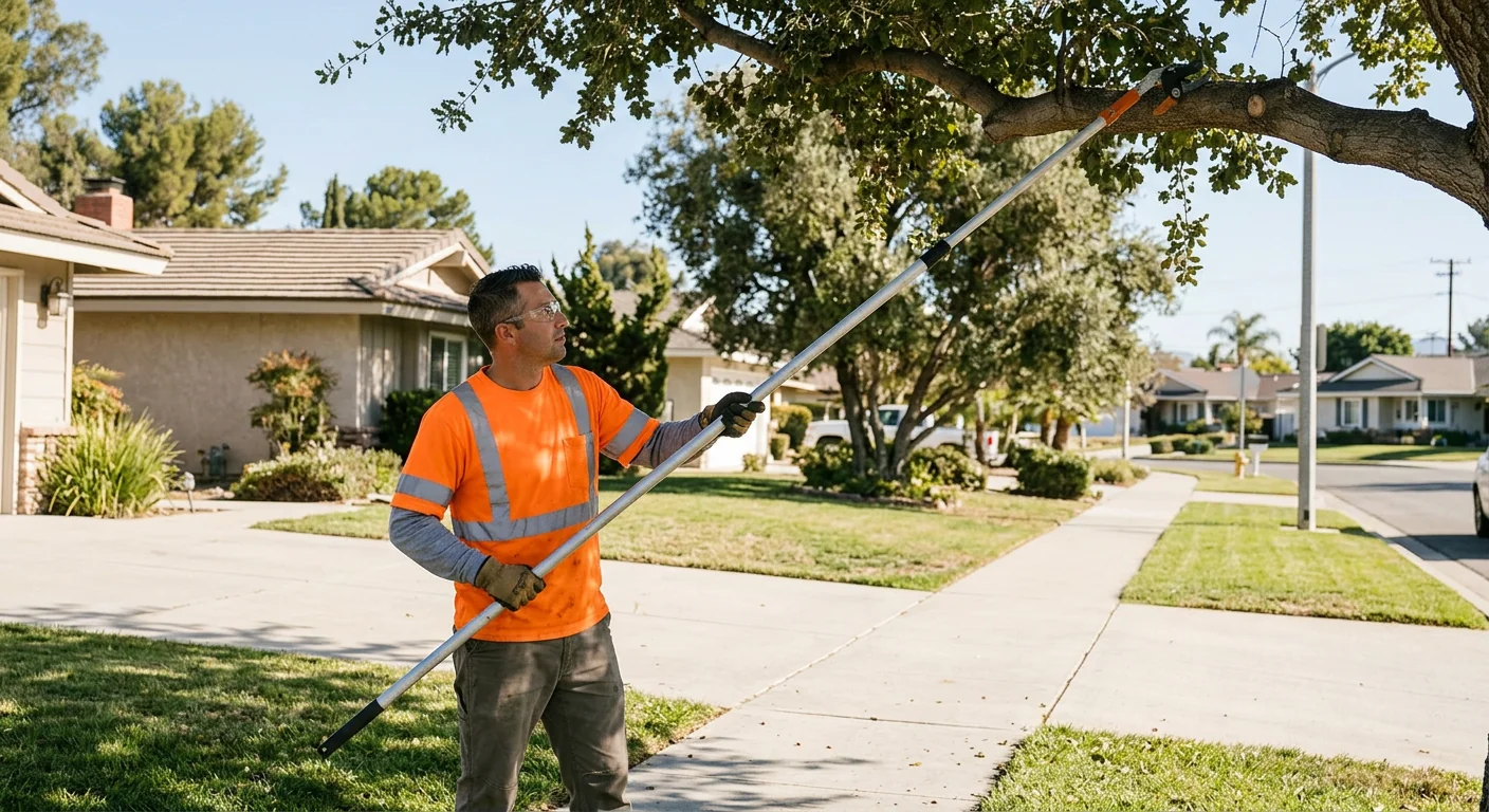 Technician using a pole pruner to reach a high limb over a walkway