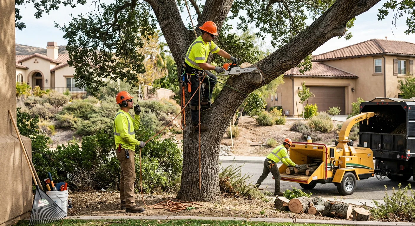 Arborist making a precise pruning cut on a mature tree canopy in Castaic
