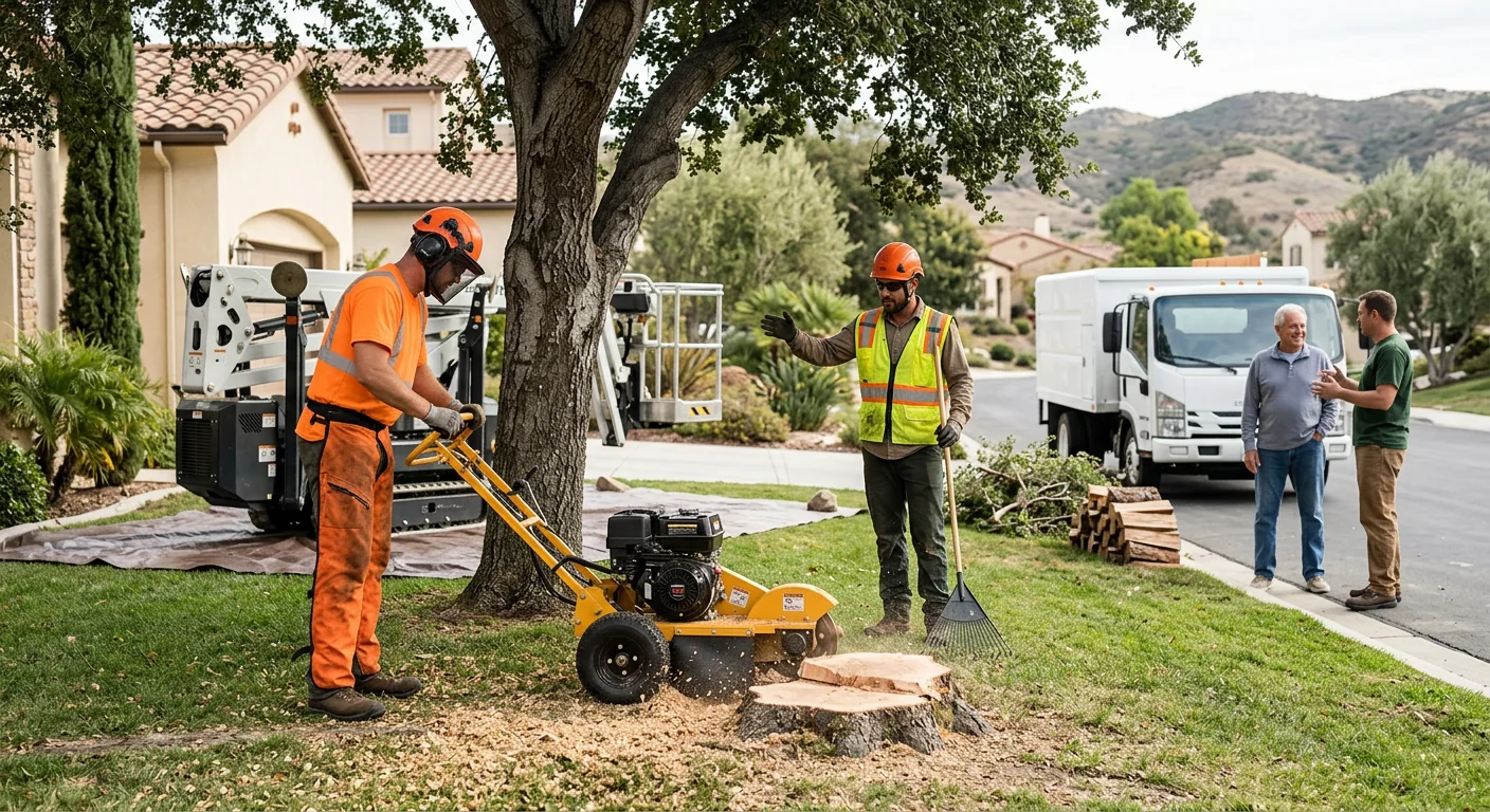 Technician assessing a large tree for removal pricing on a Castaic property