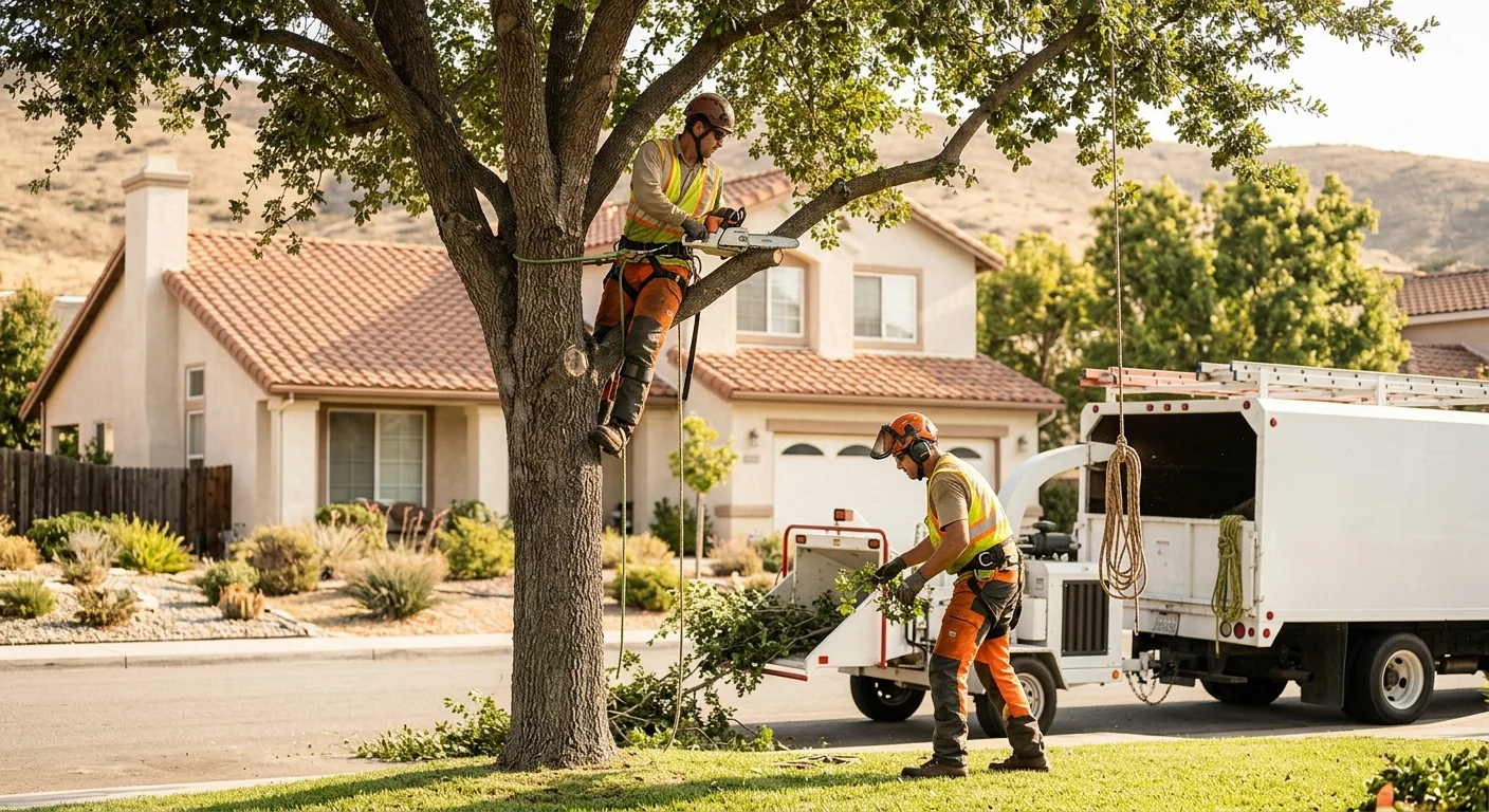 Tree service crew preparing for a safe removal on a Castaic residential property