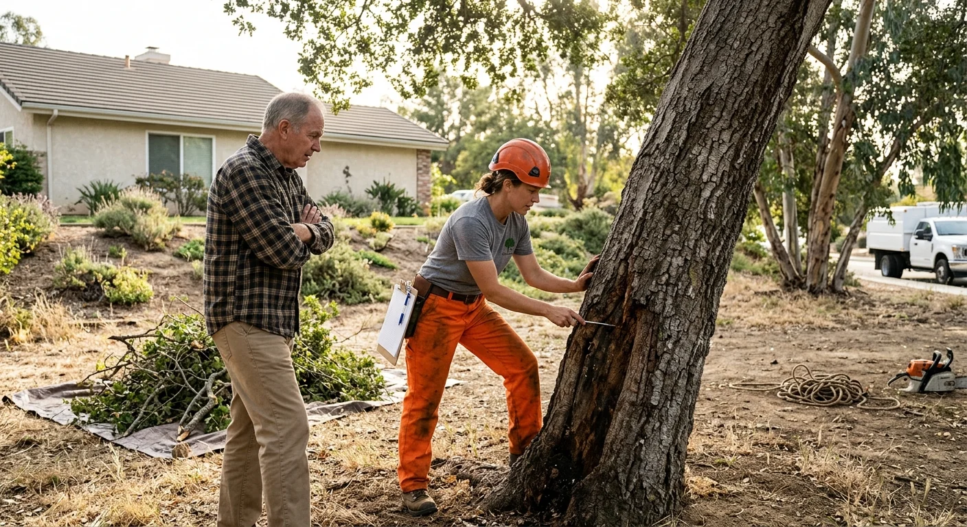 Arborist inspecting a leaning hardwood tree with visible trunk decay near a Castaic home