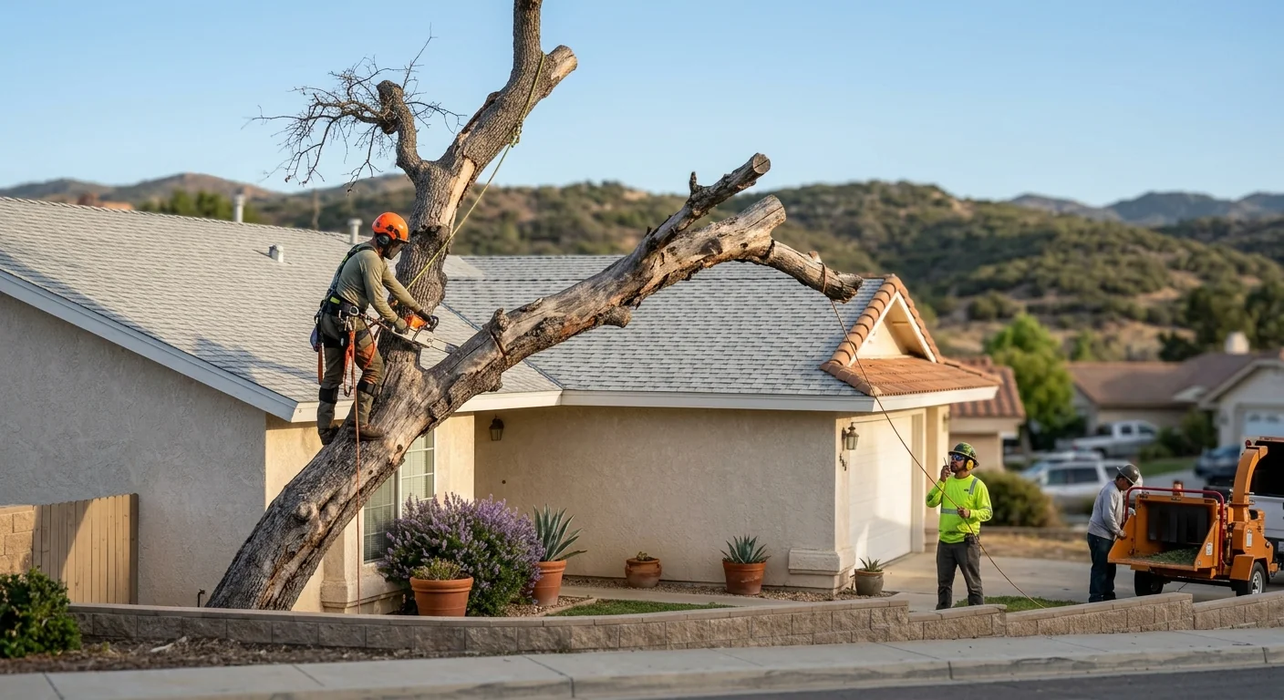 Deadwood limbs hanging over a residential roofline signaling the need for removal