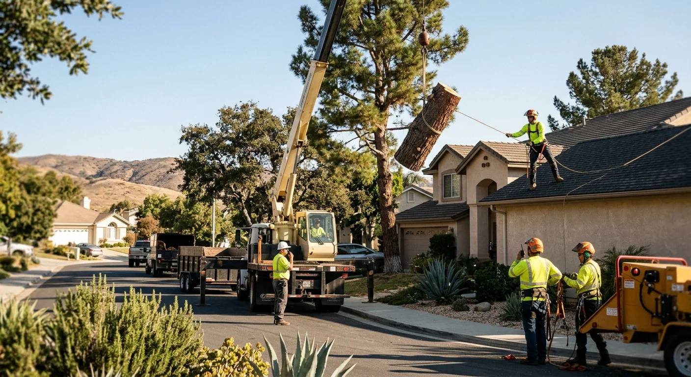 Crane lifting a large trunk section away from a residential rooftop during removal