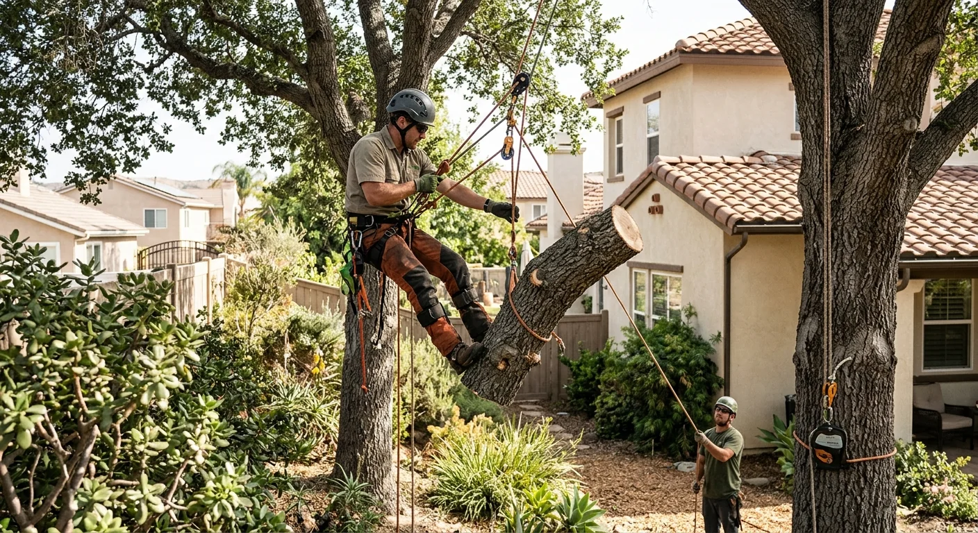 Arborist using rope rigging to lower a limb in a tight backyard