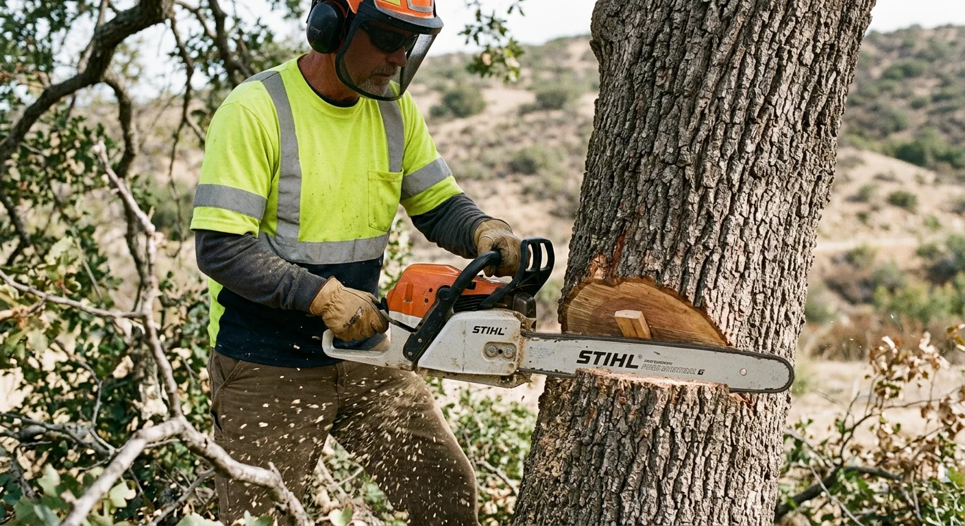 Close-up of a chainsaw making a directional felling cut on a tree trunk