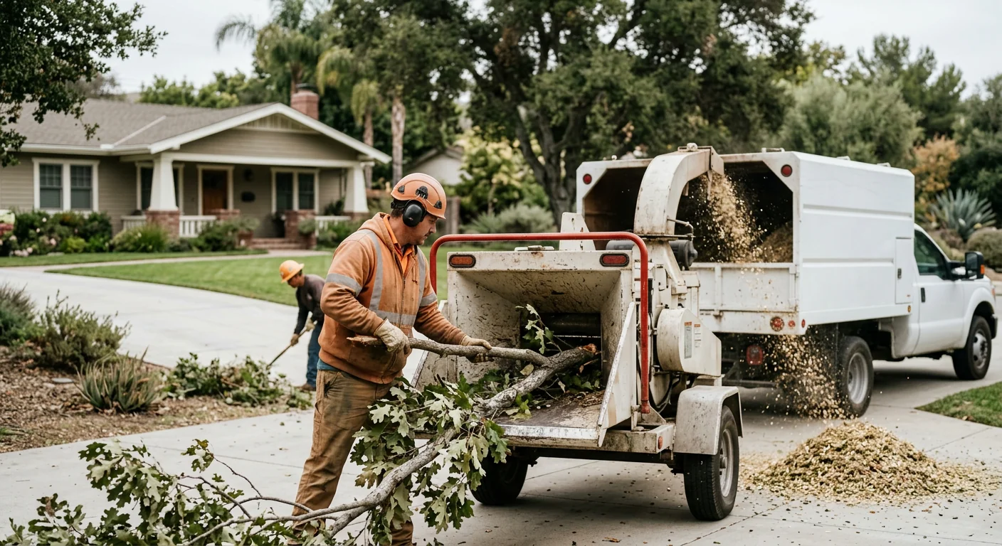 Wood chipper processing brush during a residential tree removal cleanup