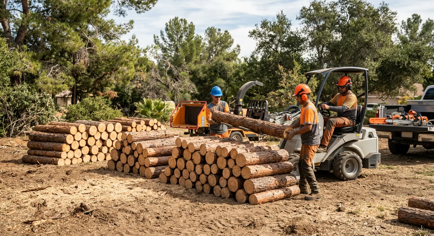 Cleared lot with cut logs stacked neatly after multiple pines were removed