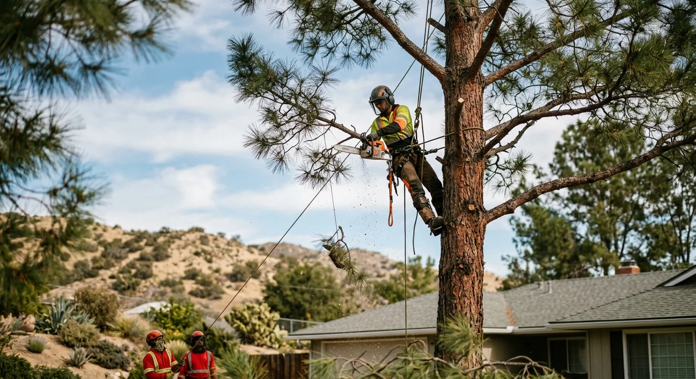 Technician in climbing gear sectioning a tall pine from the canopy down