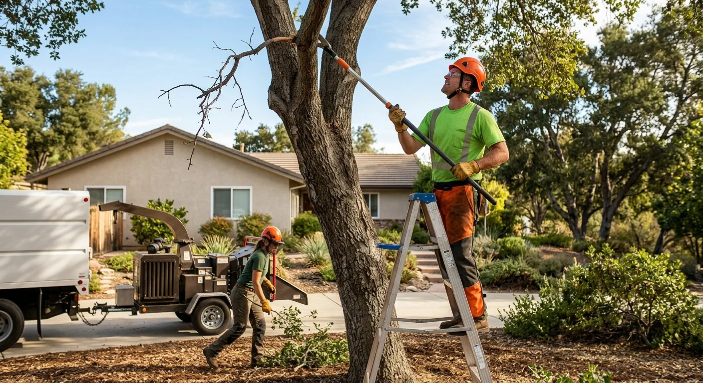 Tree removal crew lowering a large trunk section in a Castaic backyard
