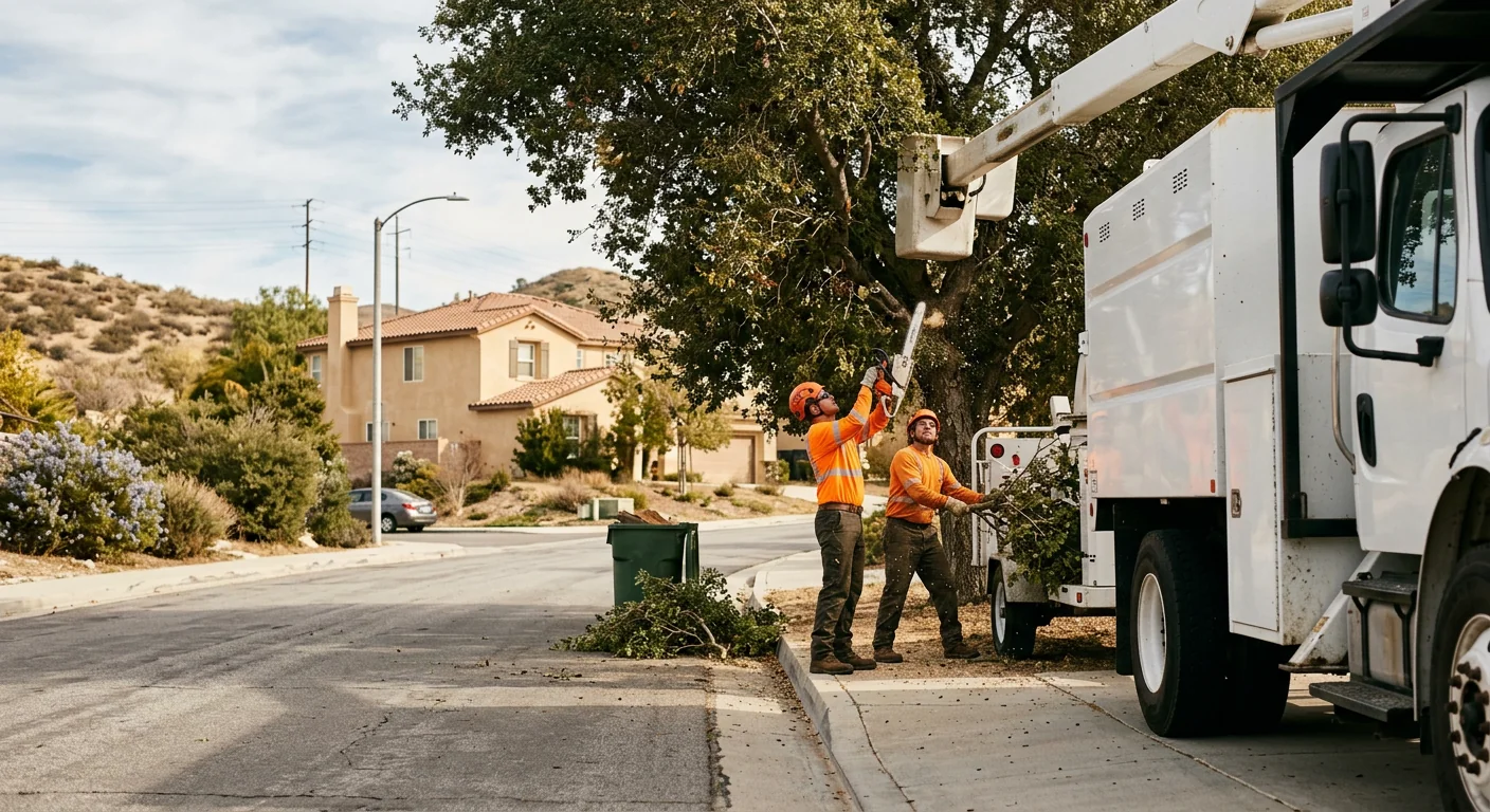 Technician reviewing tree condition notes on a clipboard beside a residential tree in Castaic