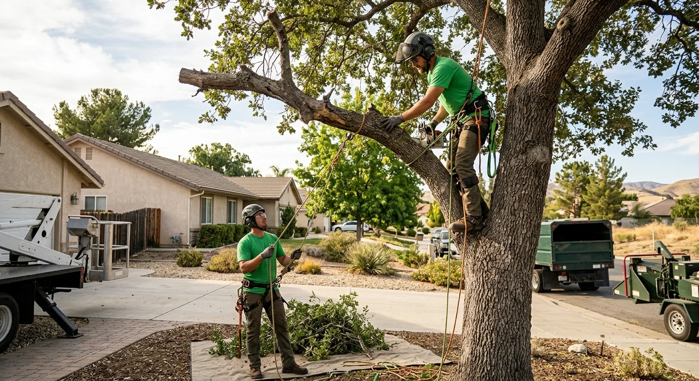 Arborist inspecting a mature tree during a risk assessment in Castaic