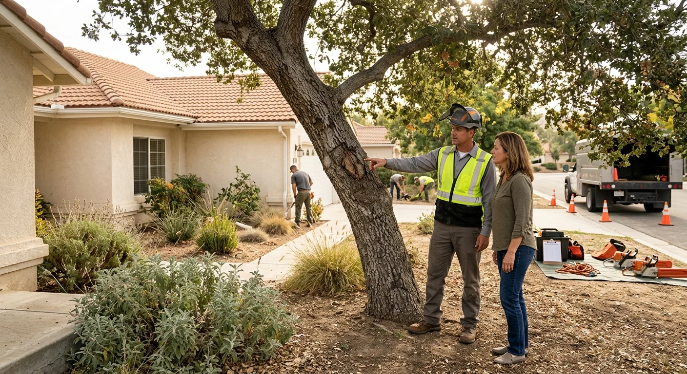 Arborist inspecting a leaning mature tree near a Castaic home foundation