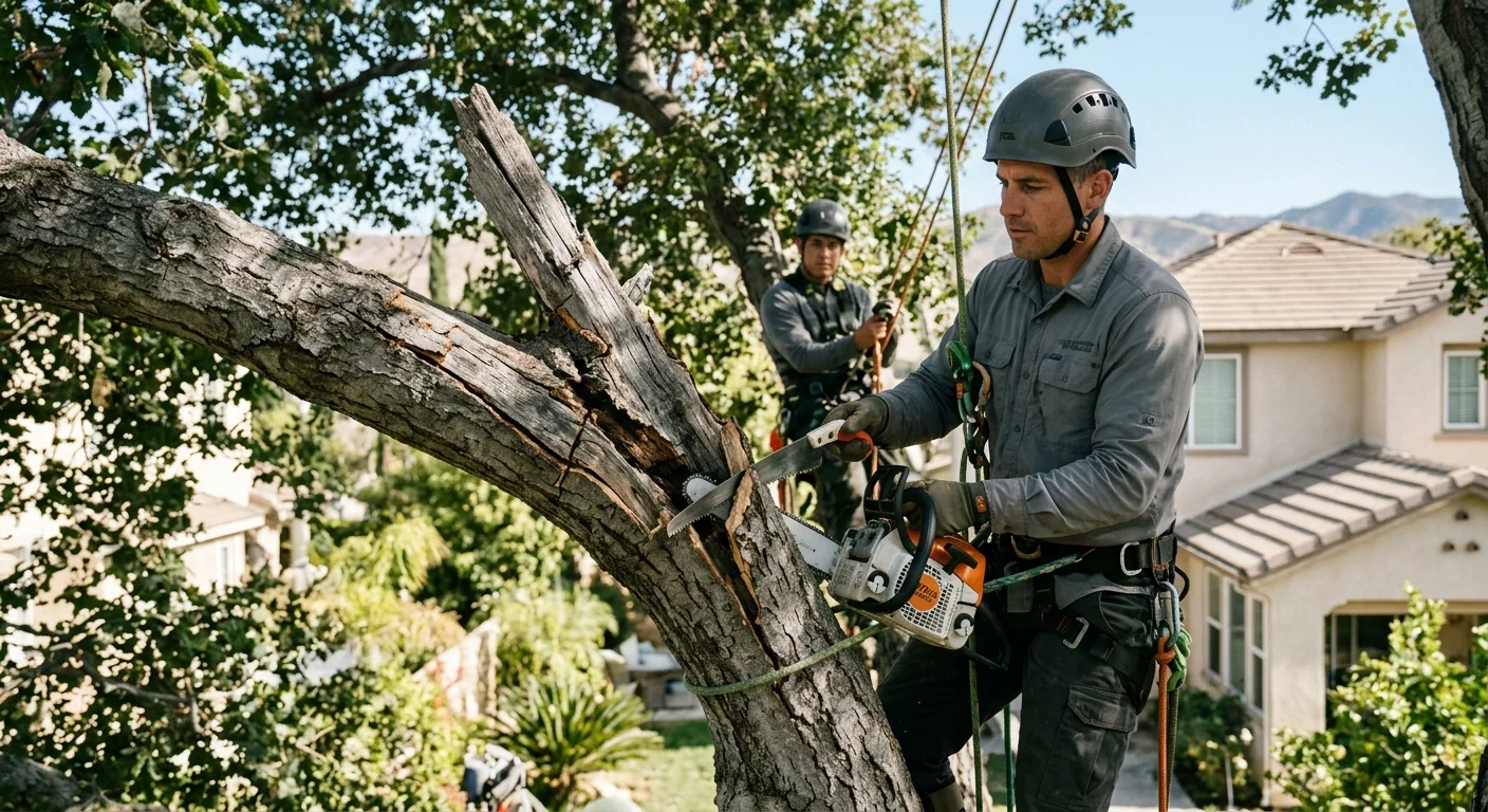 Close-up of cracked branch union and deadwood in a residential canopy