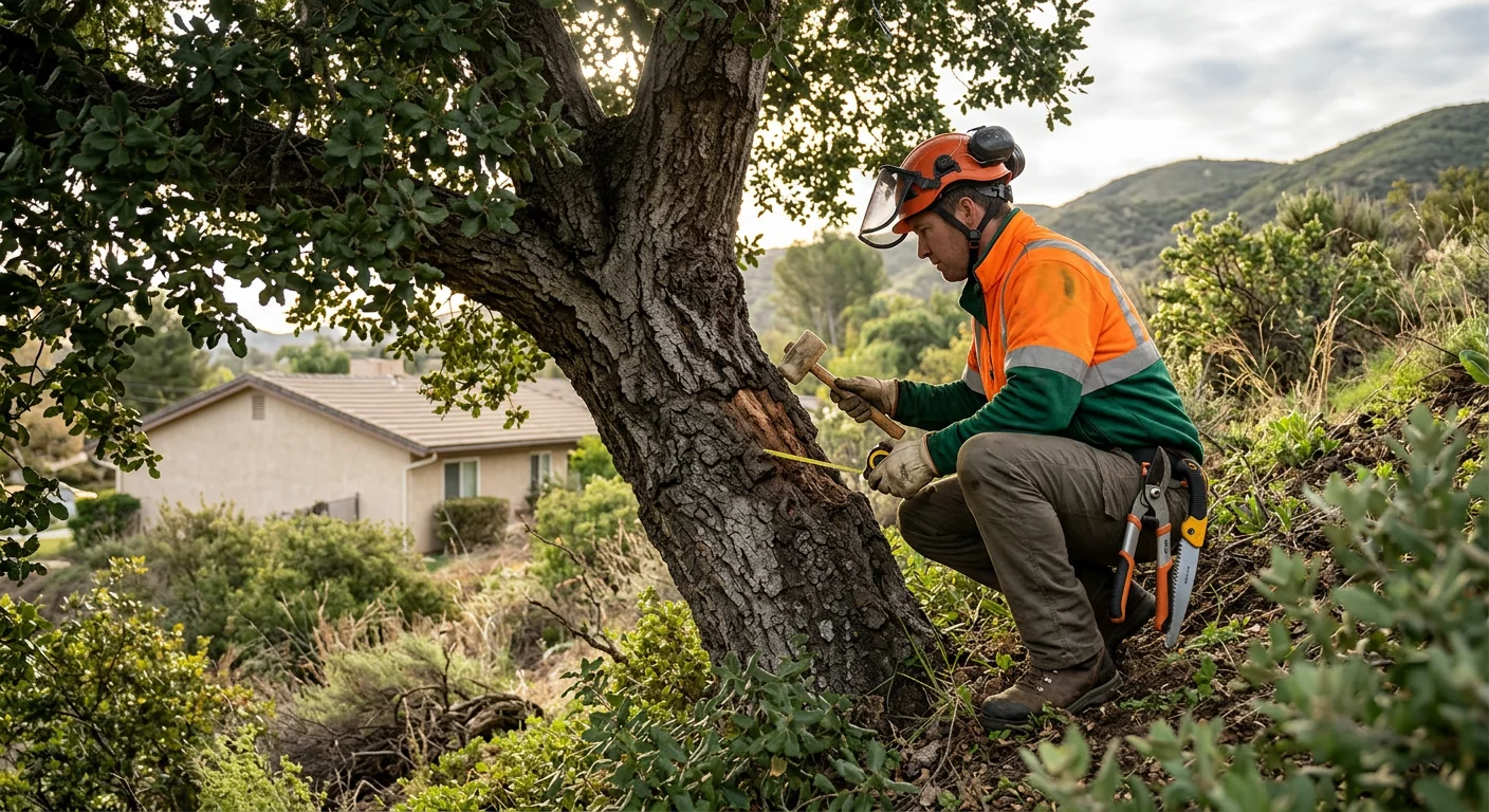 Arborist rating a hillside coast live oak on a Castaic residential lot