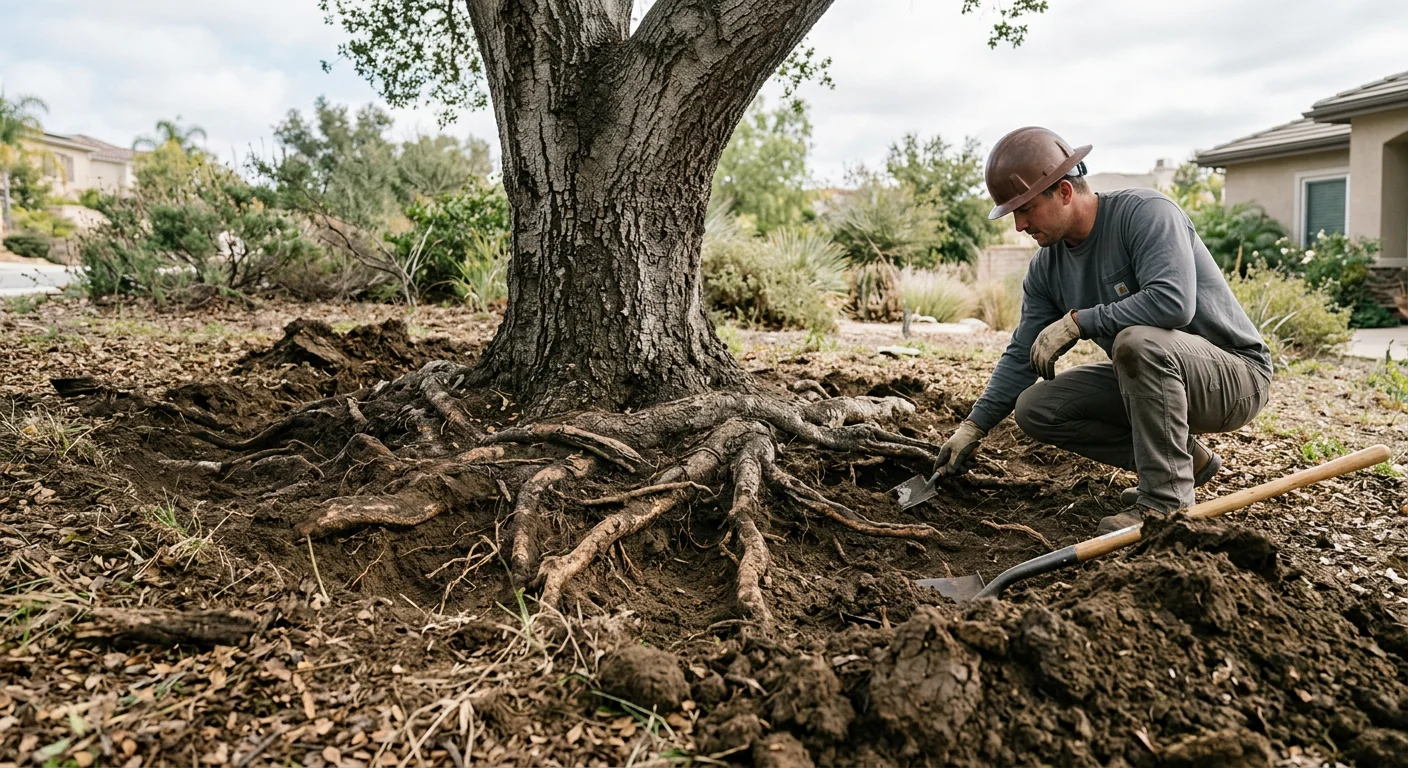 Root collar examination showing lifted soil at the base of a mature tree