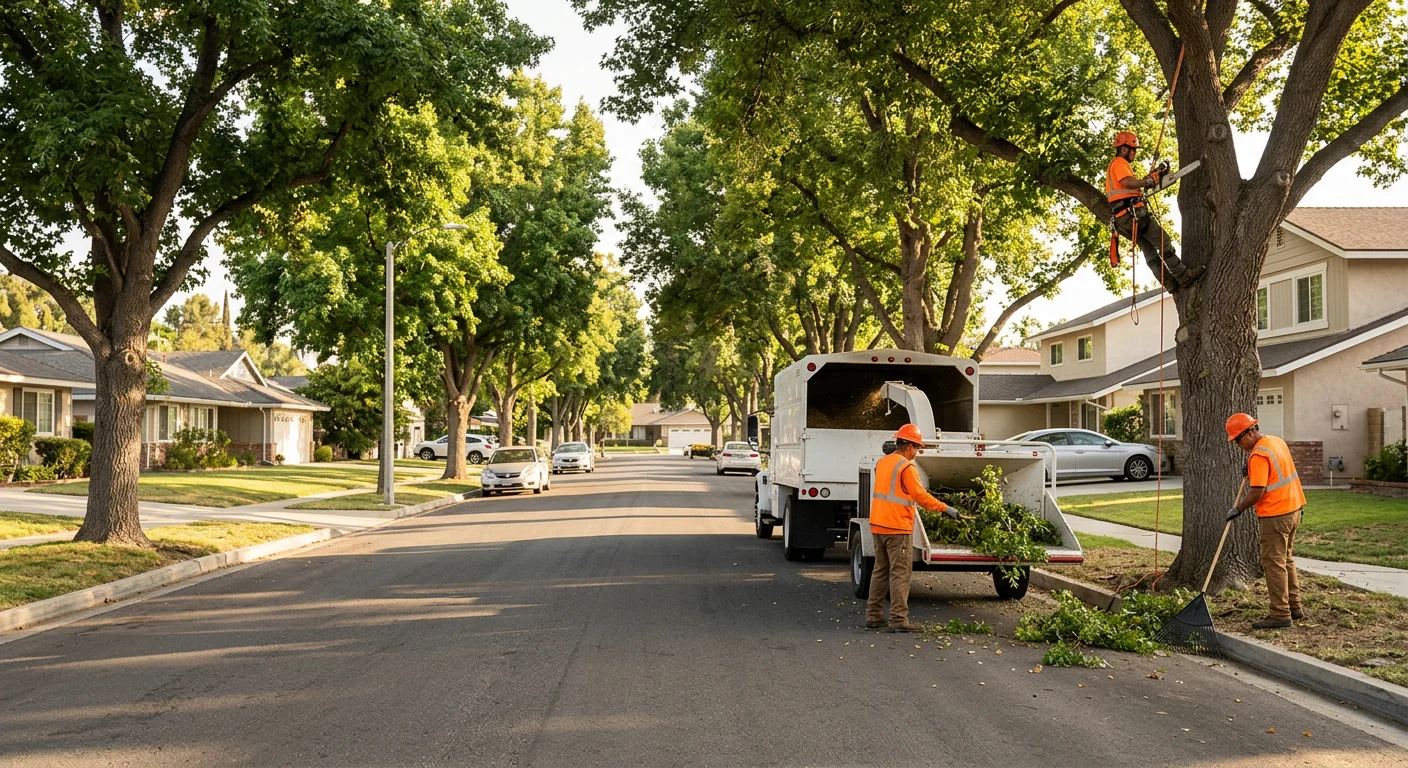 Wide view of an older neighborhood with mature trees under assessment