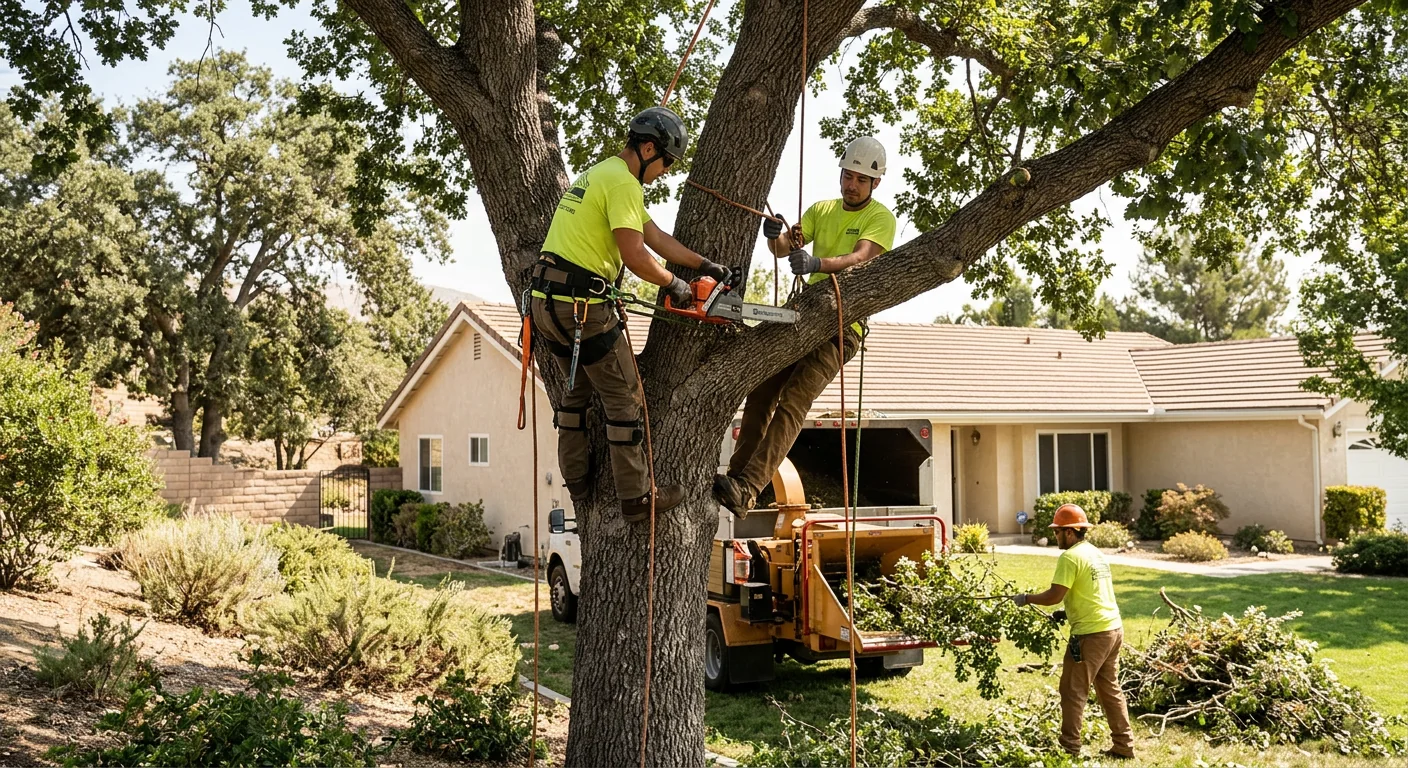 Arborist inspecting a mature tree trunk and root flare during a Castaic risk assessment