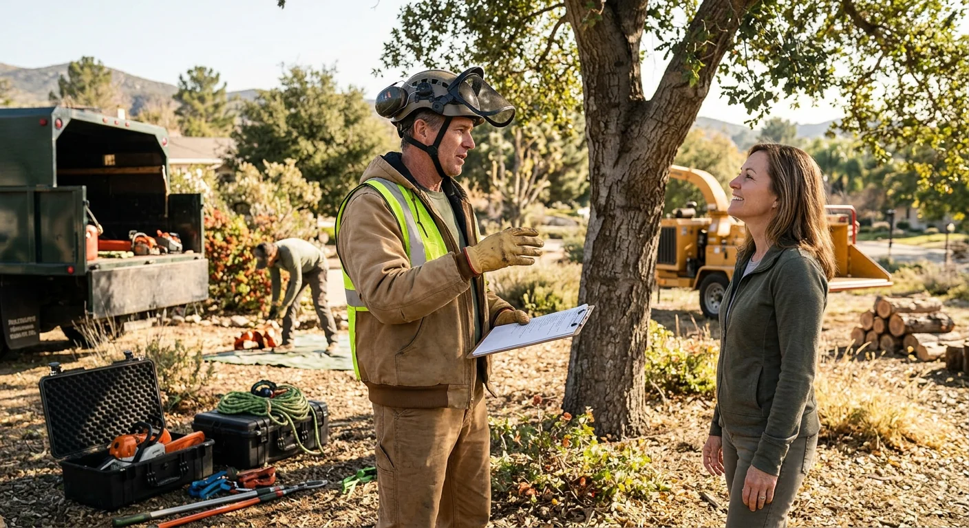 Arborist explaining a pruning plan to a Castaic homeowner beside a mature tree