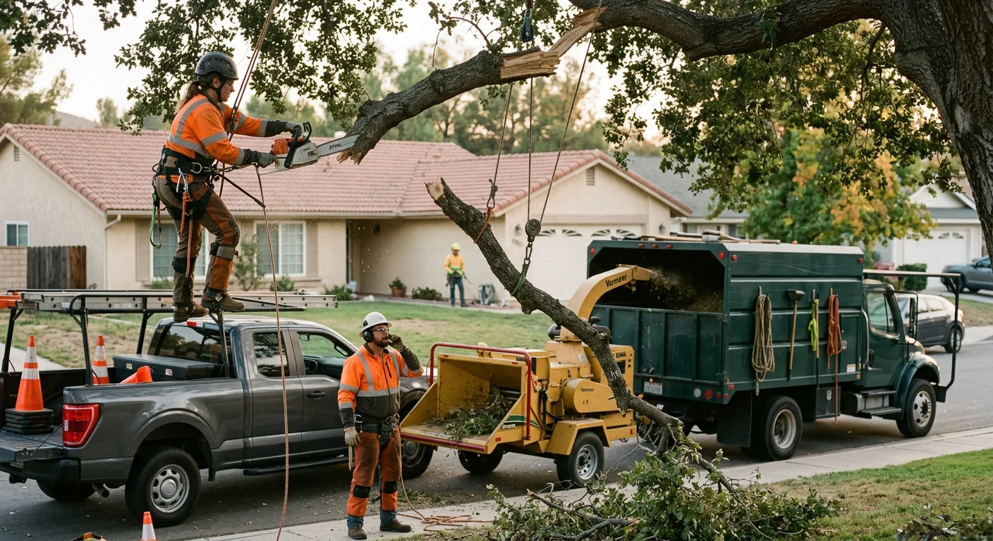 Technicians safely sectioning and removing a large tree from a residential yard