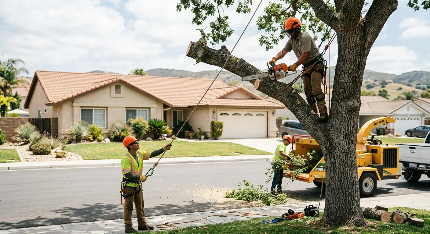 Arborist trimming overgrown branches to shape a healthy canopy in Castaic