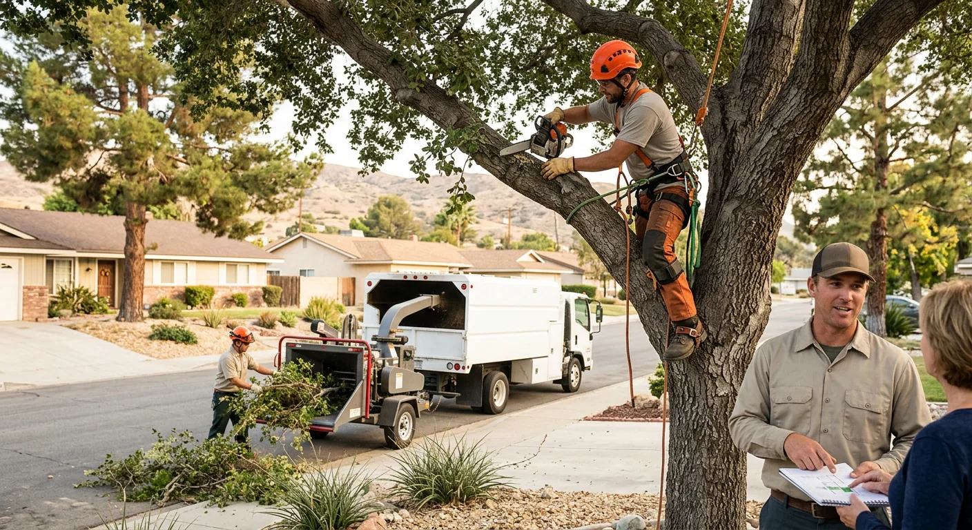 Tree service technician reviewing a written estimate with a Castaic homeowner outside