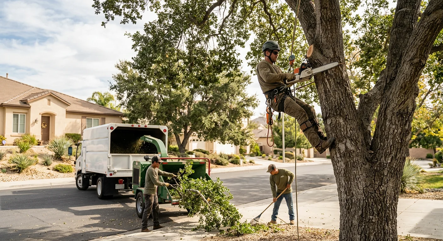 Arborist inspecting a mature tree during a homeowner consultation in Castaic