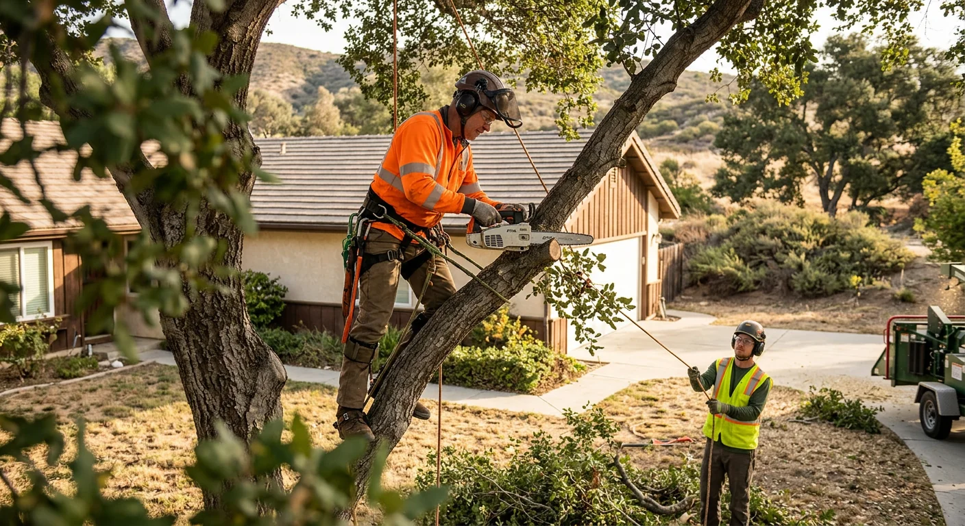 Tree crew servicing a hillside residential property in Castaic on a clear day