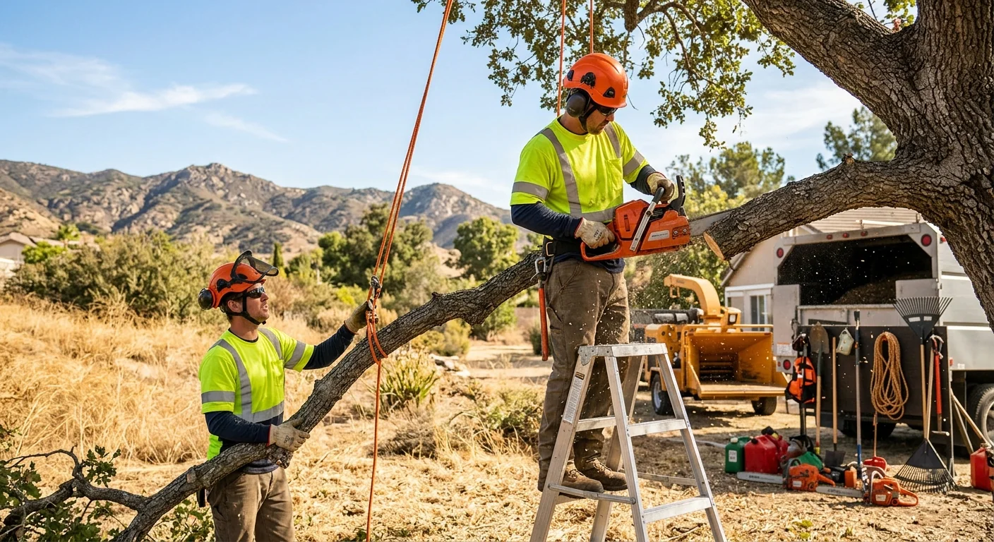 Arborist inspecting a stressed backyard tree canopy in Castaic during a routine assessment