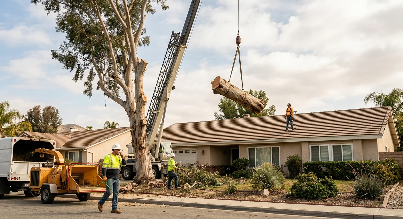 Crane lifting a heavy trunk section over a Castaic rooftop during removal