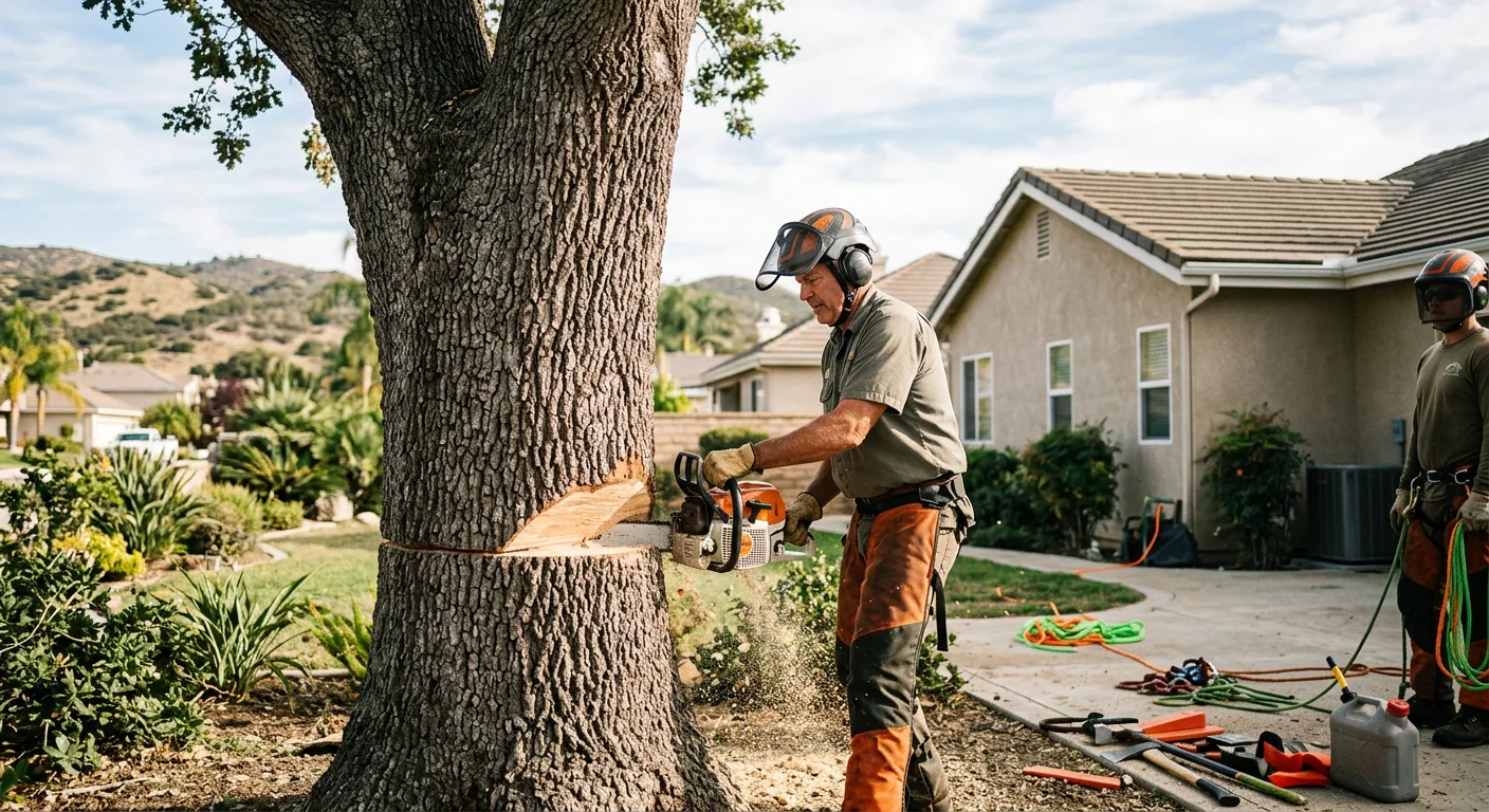 Arborist making a directional felling cut on a mature backyard tree