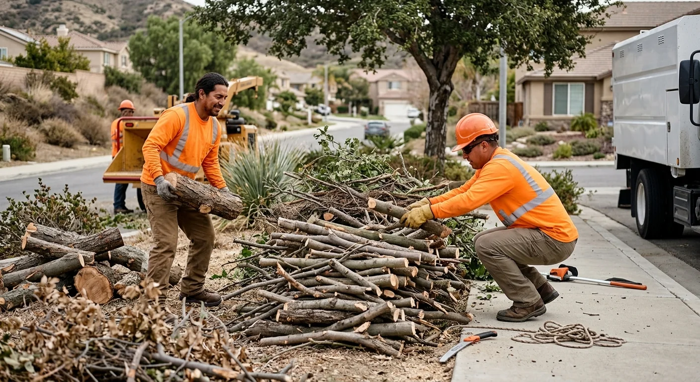 Storm-damaged limbs sorted and stacked for haul away in a residential yard