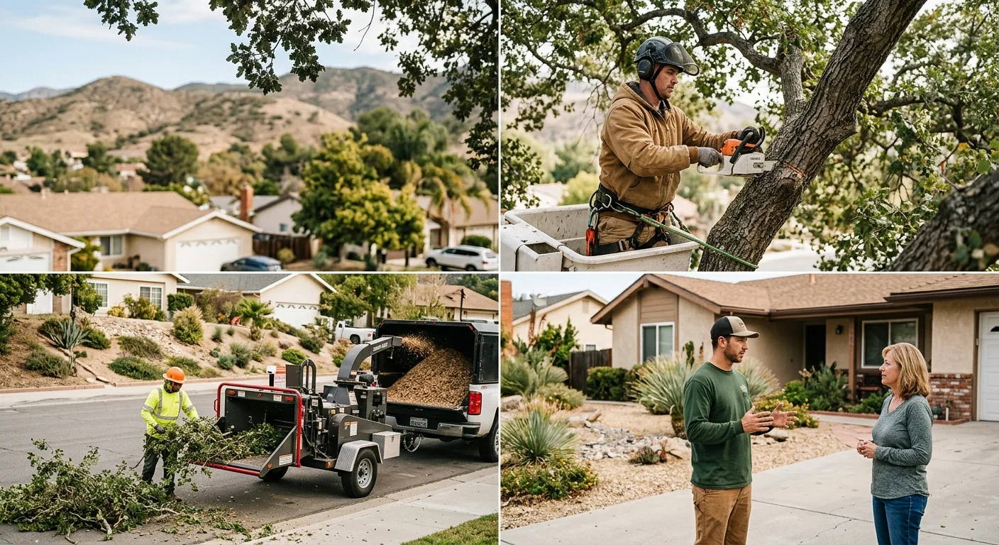 Tree service crew reviewing safety gear and rigging before a Castaic job
