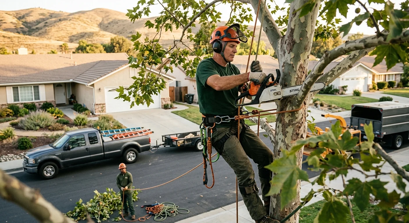 Experienced climber performing careful crown reduction on a residential tree in Castaic