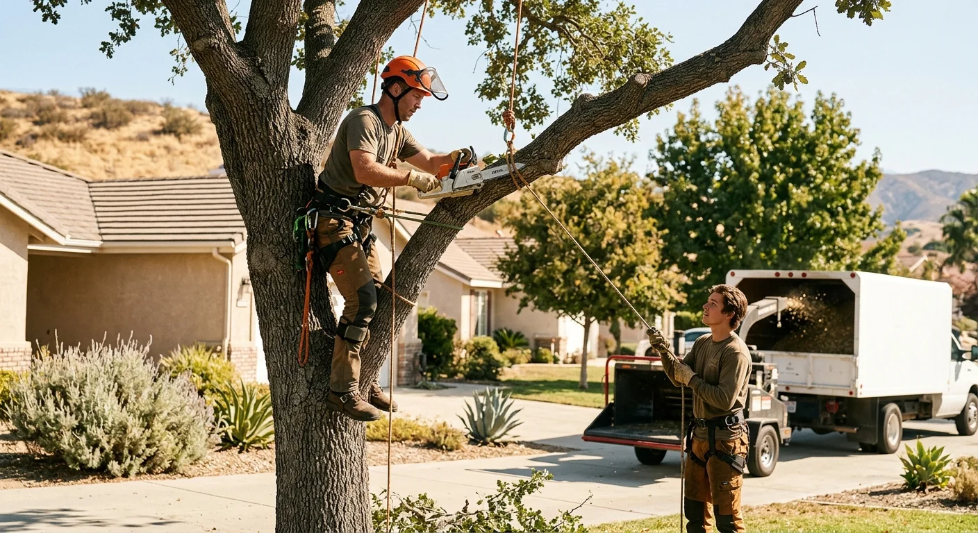 Experienced tree crew assessing a mature canopy on a Castaic hillside property
