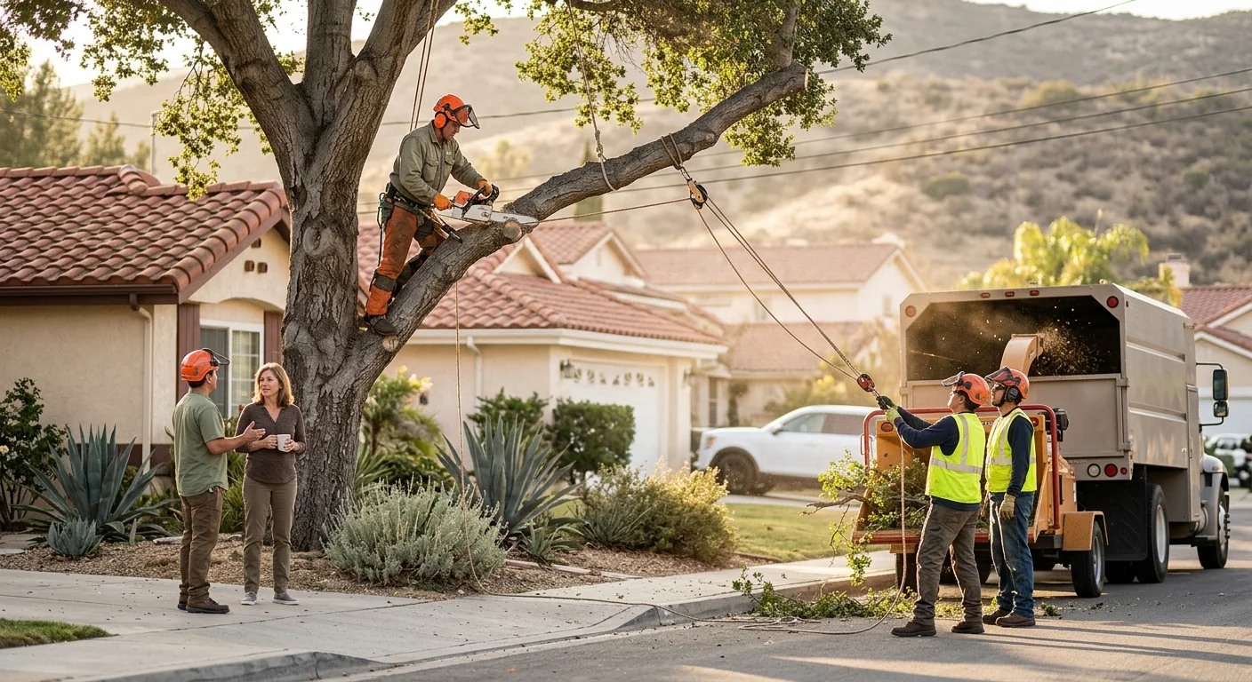 Technician reviewing tree canopy and preparing a trimming estimate in Castaic