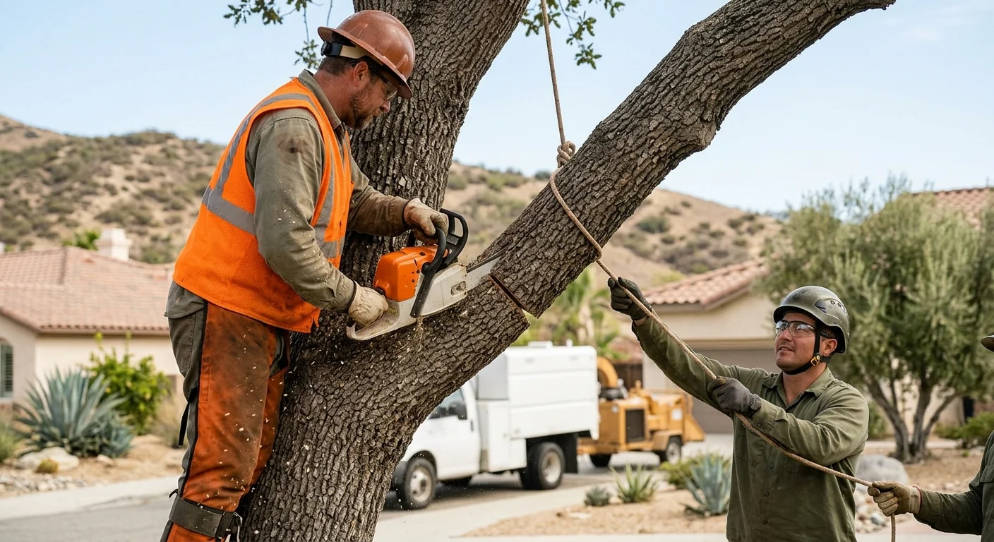 Arborist trimming a mature backyard tree at a Castaic home on a clear day