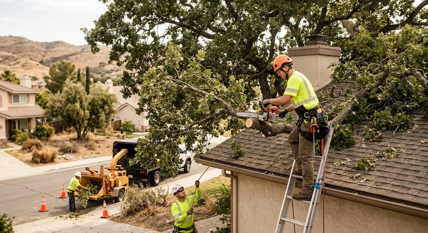 Overgrown backyard tree canopy crowding a rooftop in a Castaic neighborhood
