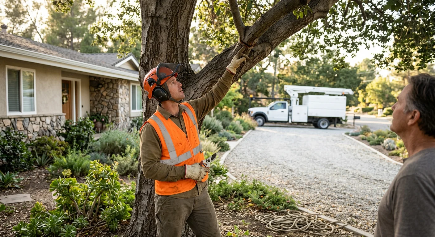 Arborist inspecting crossing limbs and deadwood before trimming on a residential property
