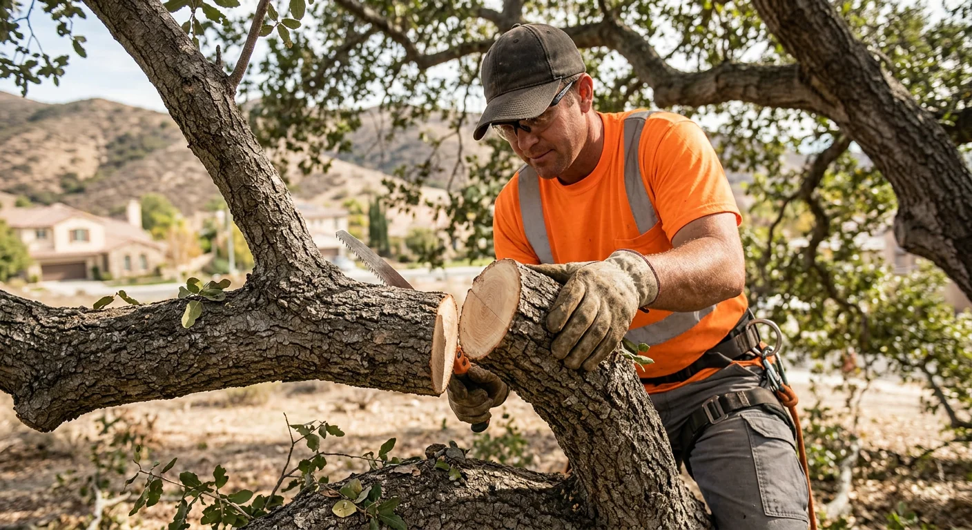 Close-up of clean pruning cut on a mature oak branch during trimming