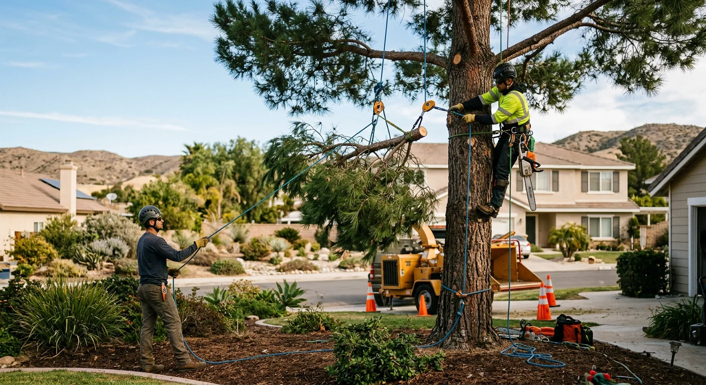 Arborist using rigging ropes to lower a limb from a tall pine