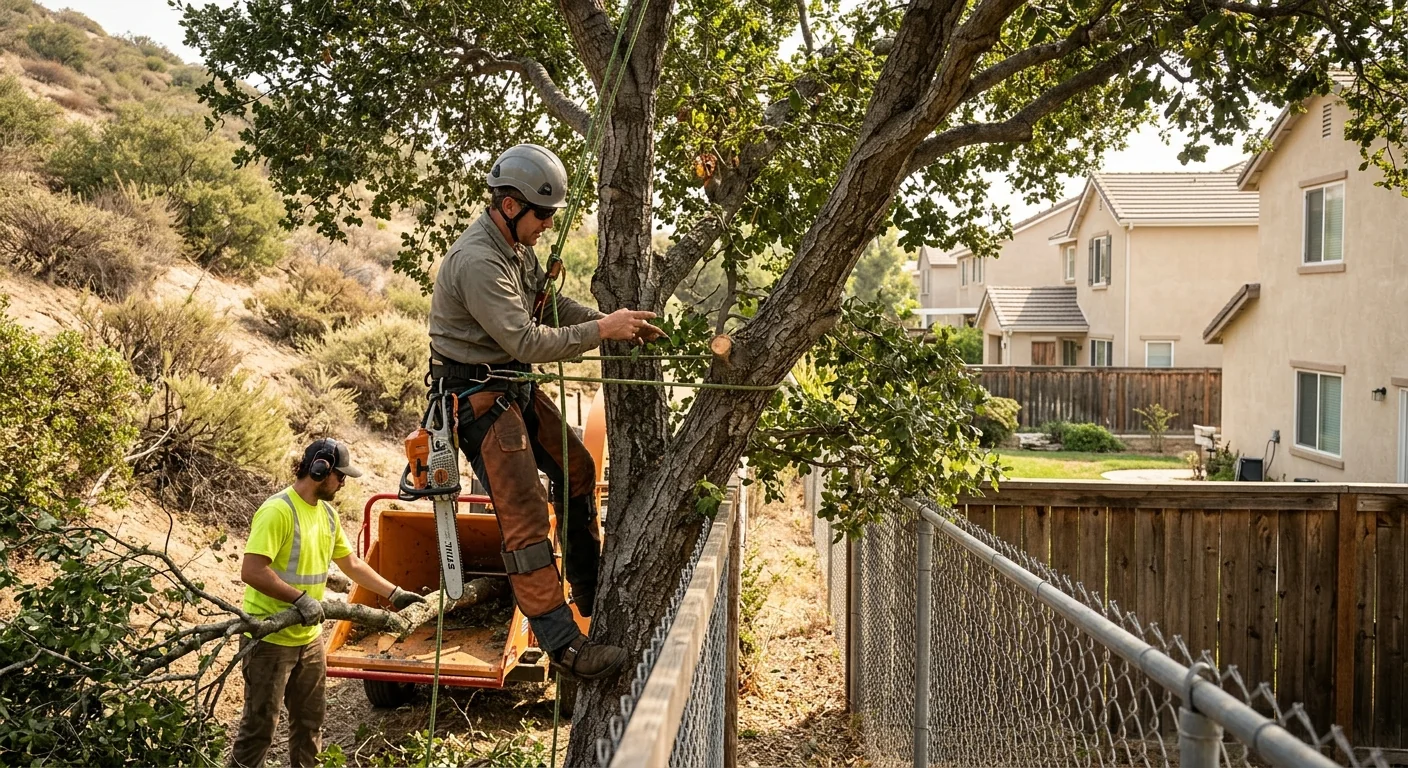 Before context of an overgrown hillside tree crowding a residential fence line