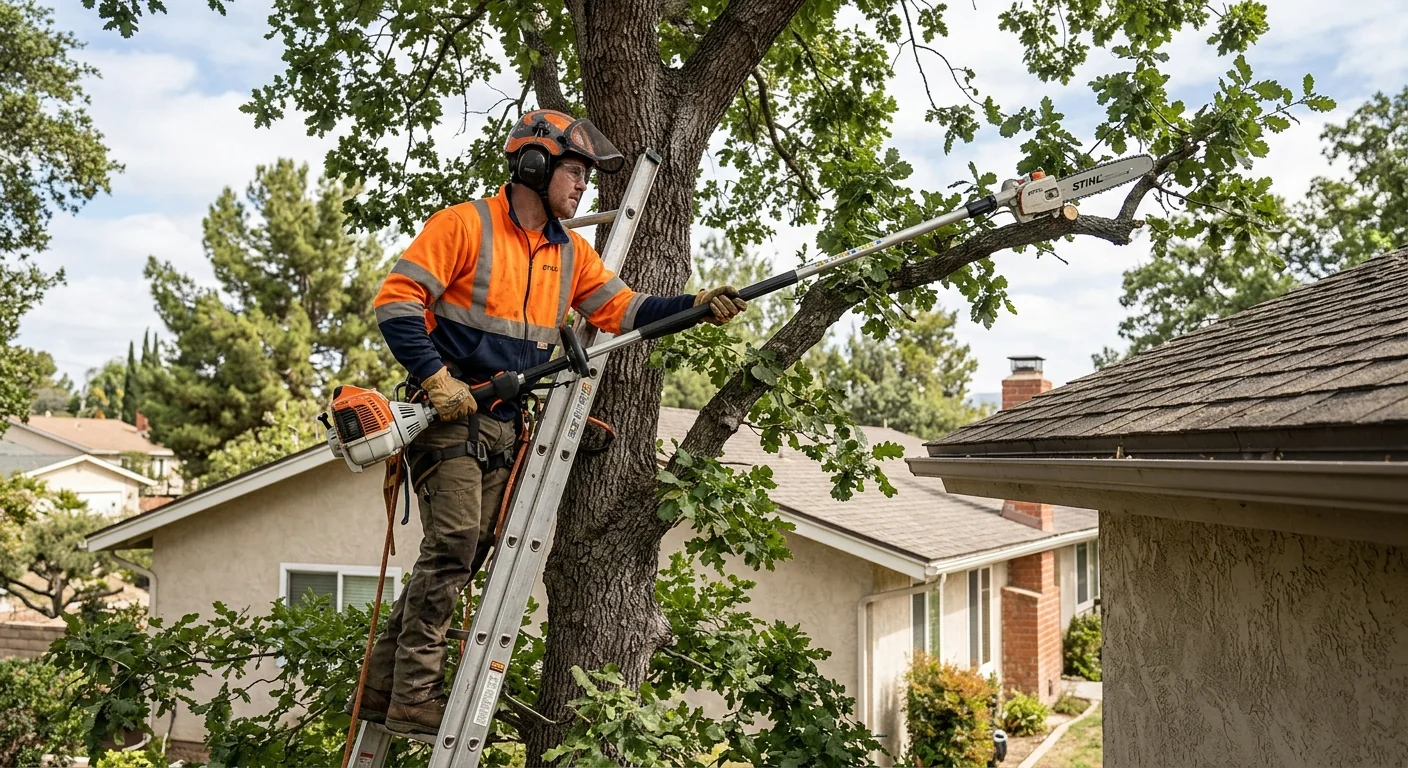 Technician on a pole saw performing clearance pruning near a rooftop