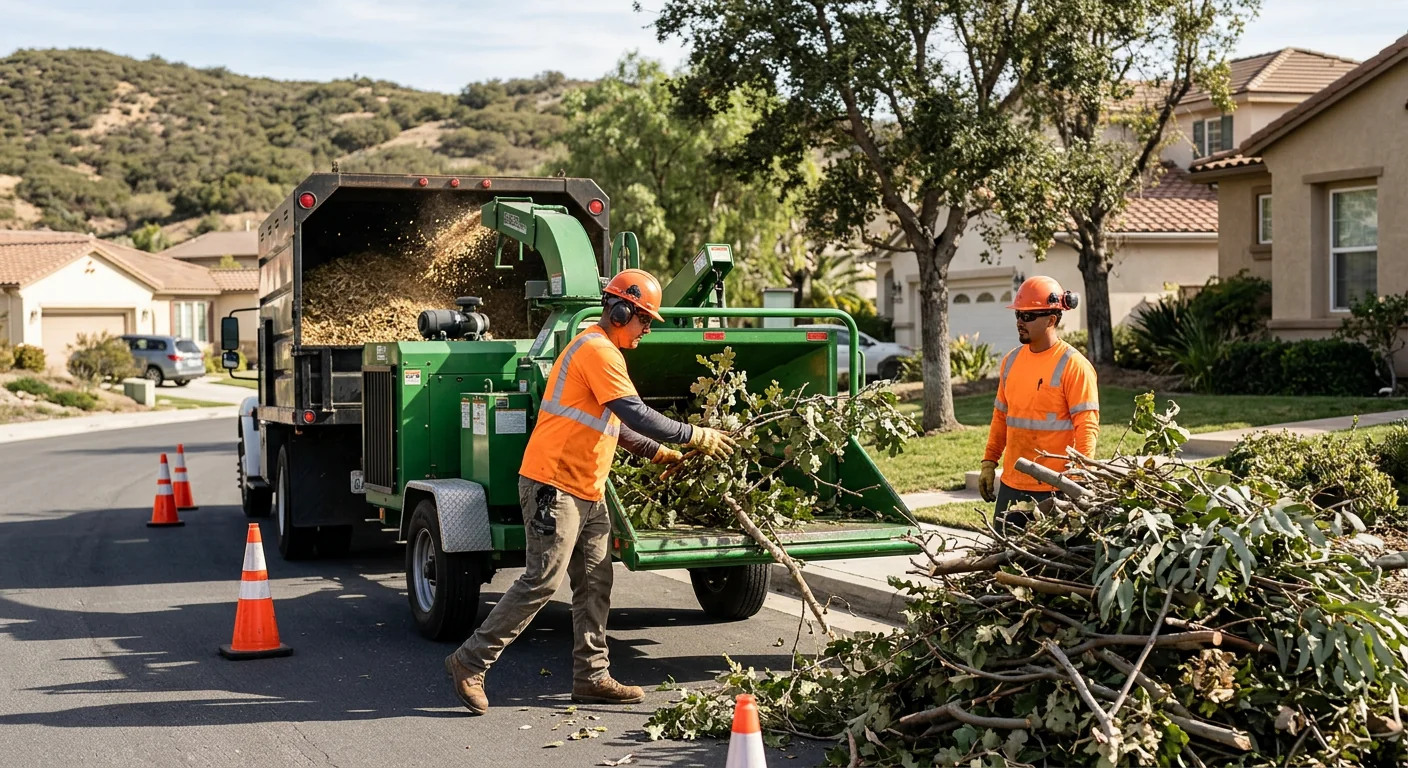 Wood chipper processing trimmed branches during on-site cleanup