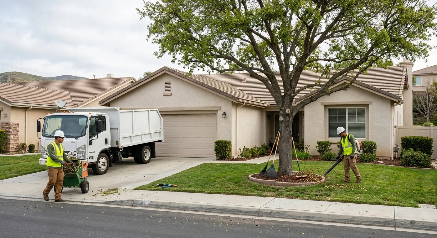 Wide view of a tidy front yard after structural trimming and debris removal