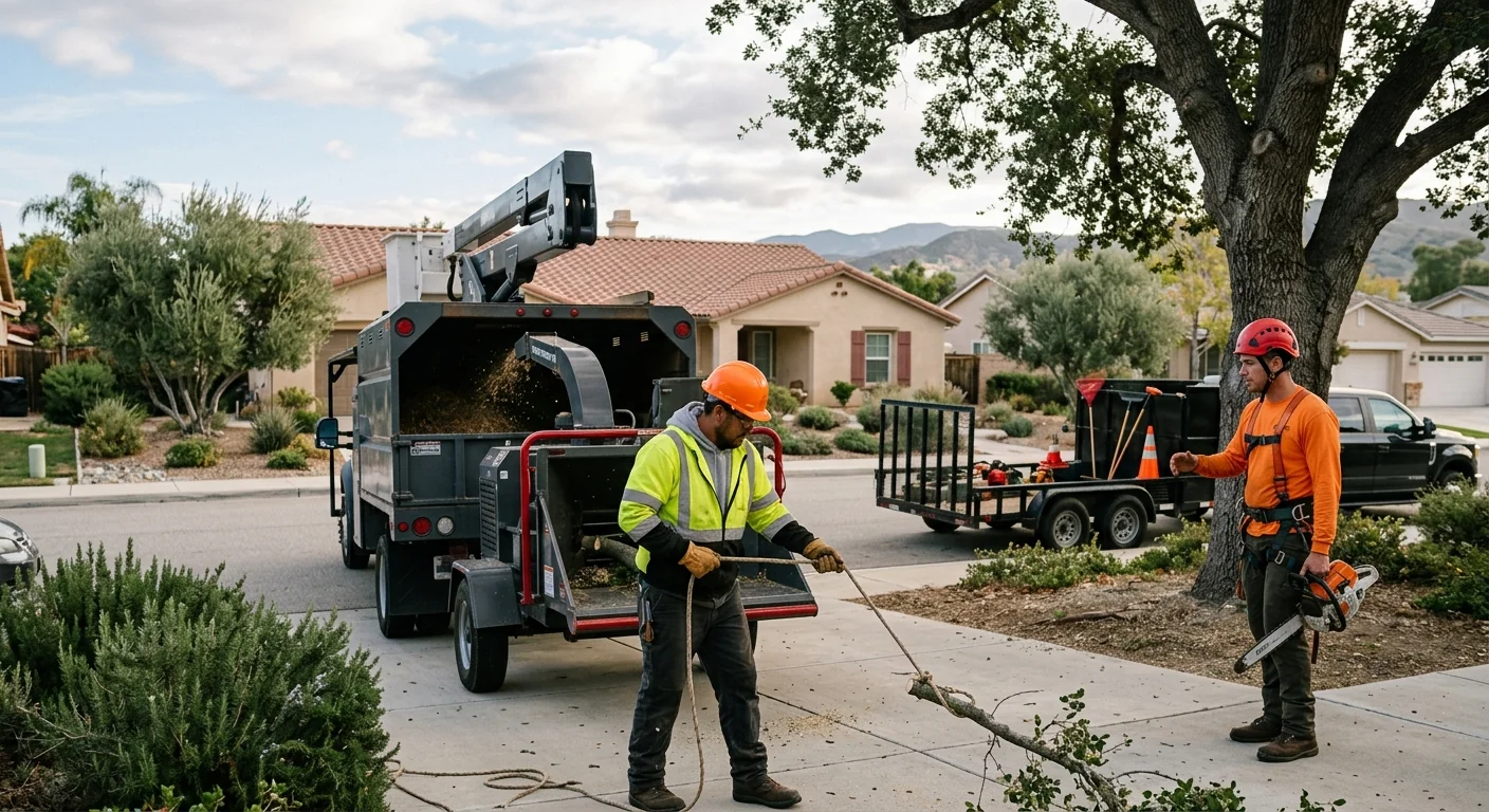 Tree trimming crew shaping a backyard canopy on a Castaic residential property